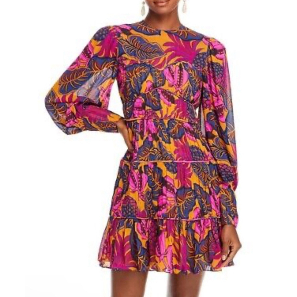 Farm Rio Fruit dreams Pleated Tiered Mini Dress Size XXS Multi-color